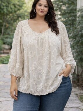 Max Edition Cream Embroidered Smocked Scoop-Neck Blouse